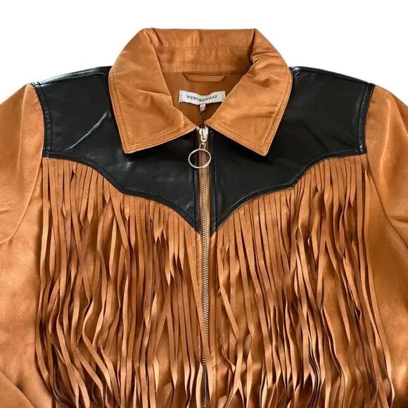 WeWoreWhat Fringe Western Faux Suede Jacket Acorn Brown and Black Medium NWT - Picture 3 of 10